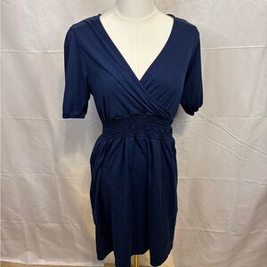 Emory Park Navy Smocked Waist Wrap Dress Short Sleeve Size Small